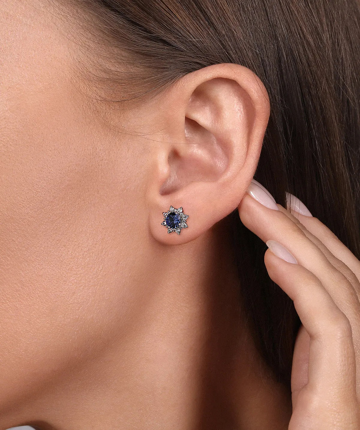 14K White Gold Diamond and Blue Sapphire Starburst Stud Earrings