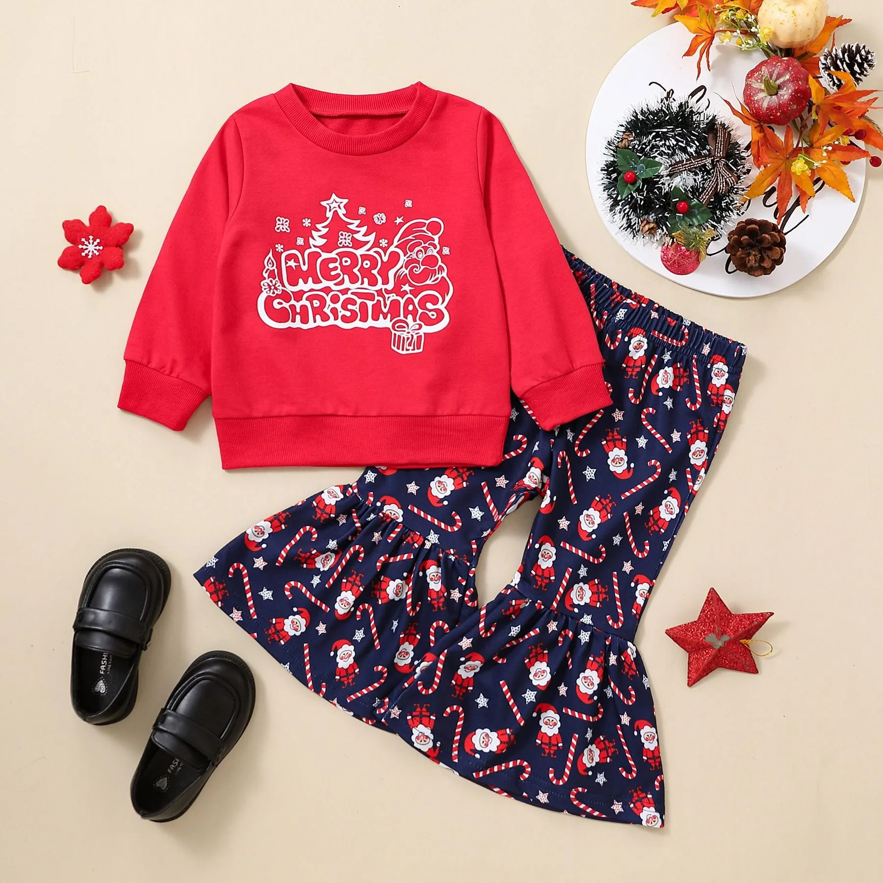 2 Pieces Set Baby Kid Girls Christmas Letters Cartoon Print Tops And Pants Wholesale 23101520