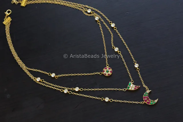 Aditi 3 Layer Jadau Chain Necklace - Red Green