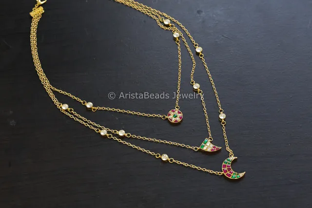 Aditi 3 Layer Jadau Chain Necklace - Red Green