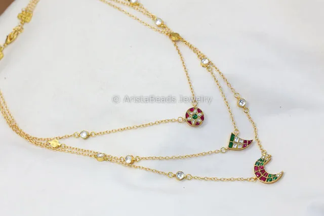 Aditi 3 Layer Jadau Chain Necklace - Red Green