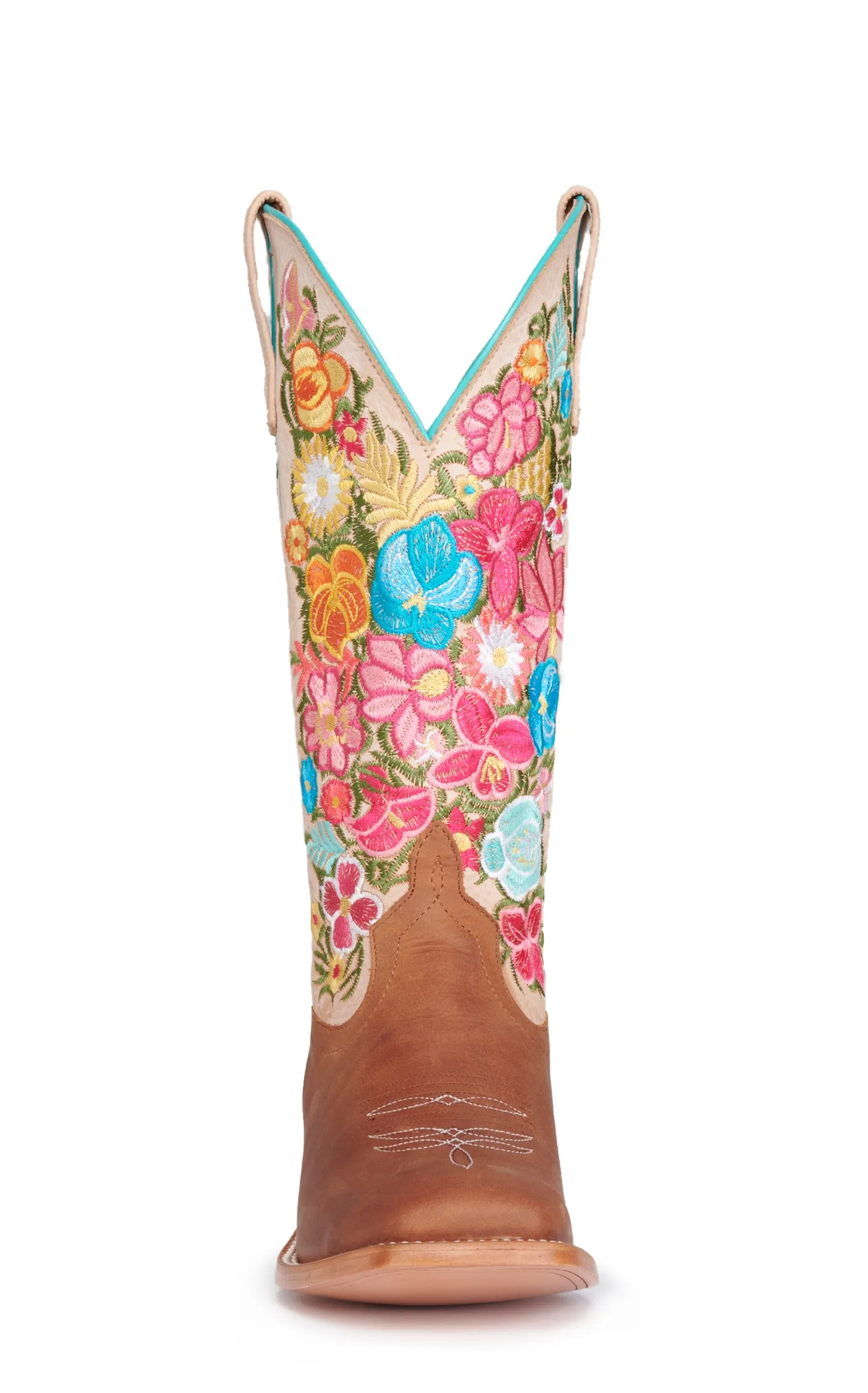 Anderson Bean Women's Macie Bean Cognac and Bone with Floral Embroidery Wide Square Toe Cowboy Boots