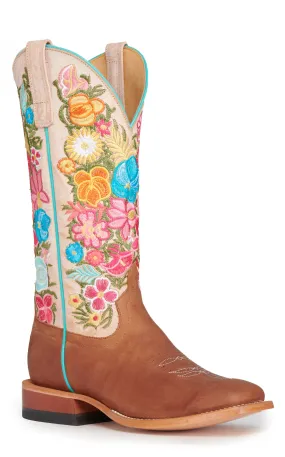 Anderson Bean Women's Macie Bean Cognac and Bone with Floral Embroidery Wide Square Toe Cowboy Boots