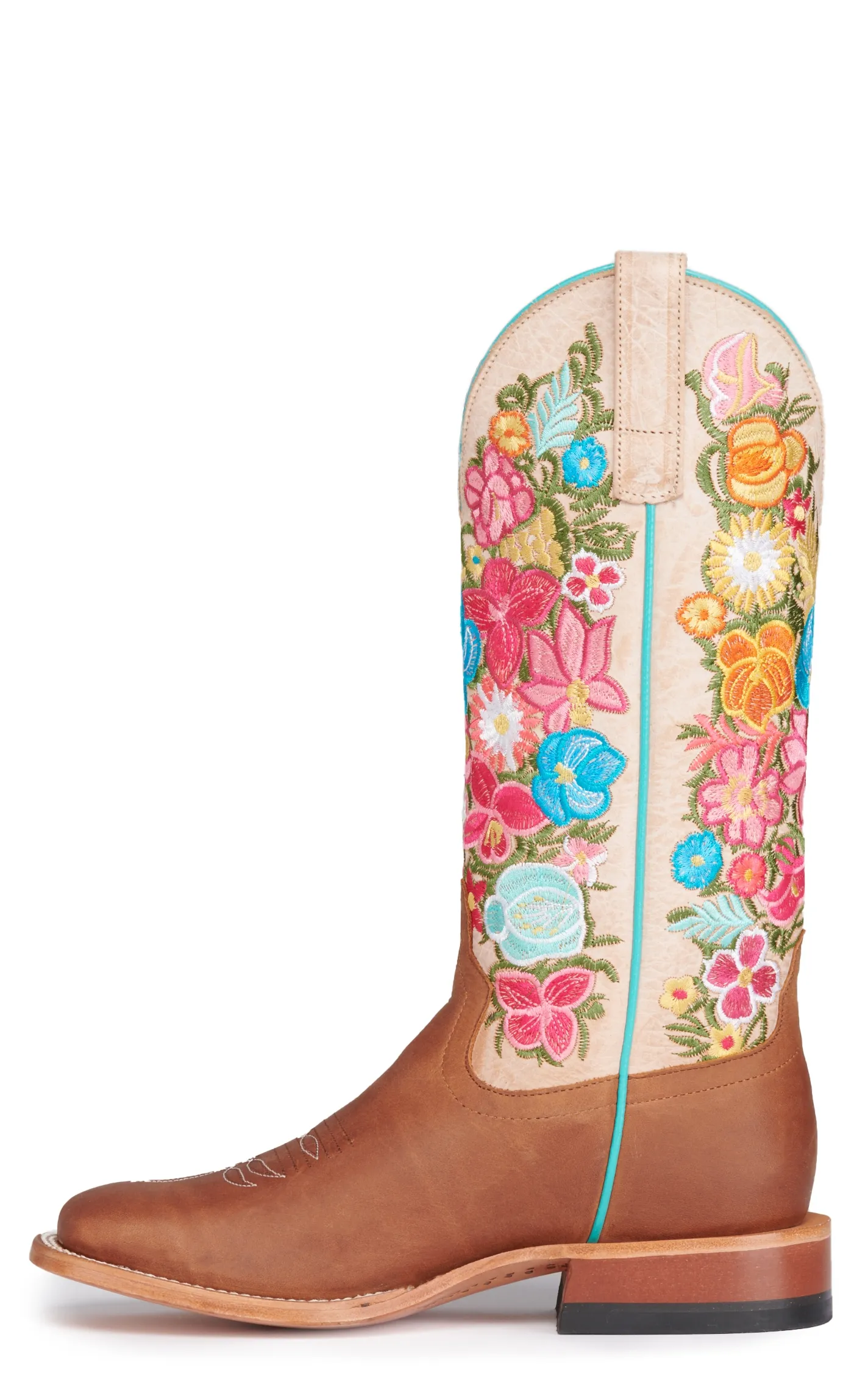 Anderson Bean Women's Macie Bean Cognac and Bone with Floral Embroidery Wide Square Toe Cowboy Boots