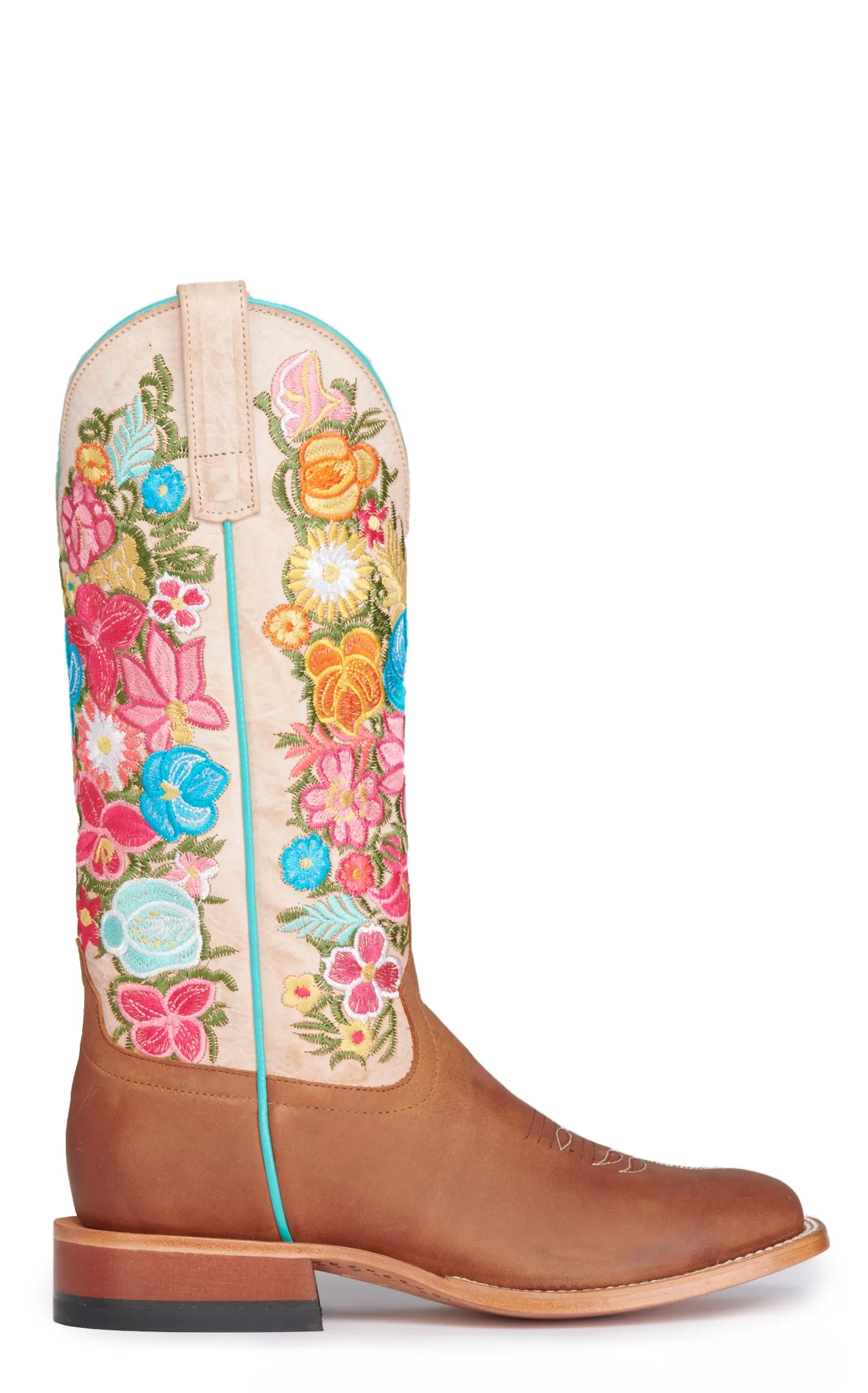 Anderson Bean Women's Macie Bean Cognac and Bone with Floral Embroidery Wide Square Toe Cowboy Boots