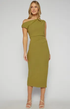 Asymmetric Neckline Stretch Bodycon Midi Dress (SDR1552A)