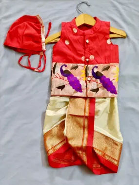 Baby boy set- premium red paithani jacket with cream dhoti and topra