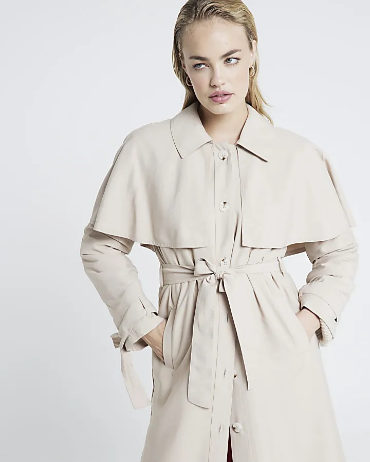 Beige belted longline cape trench coat