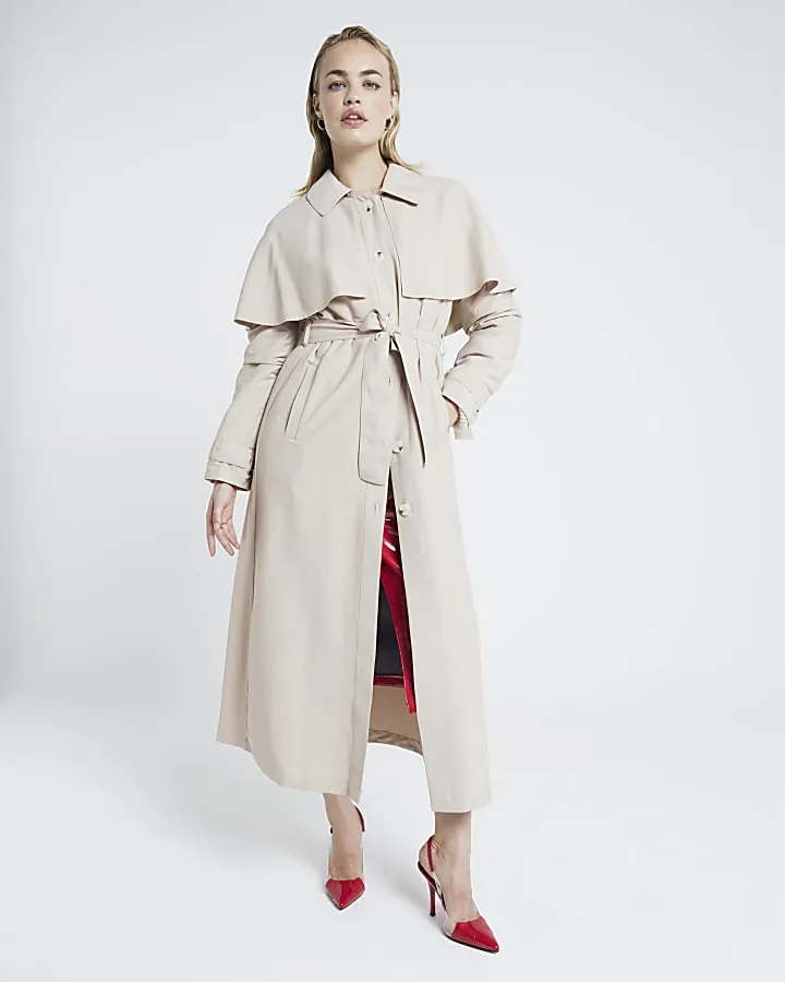 Beige belted longline cape trench coat