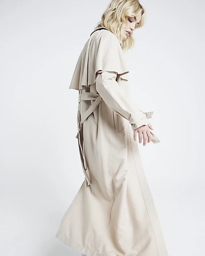 Beige belted longline cape trench coat