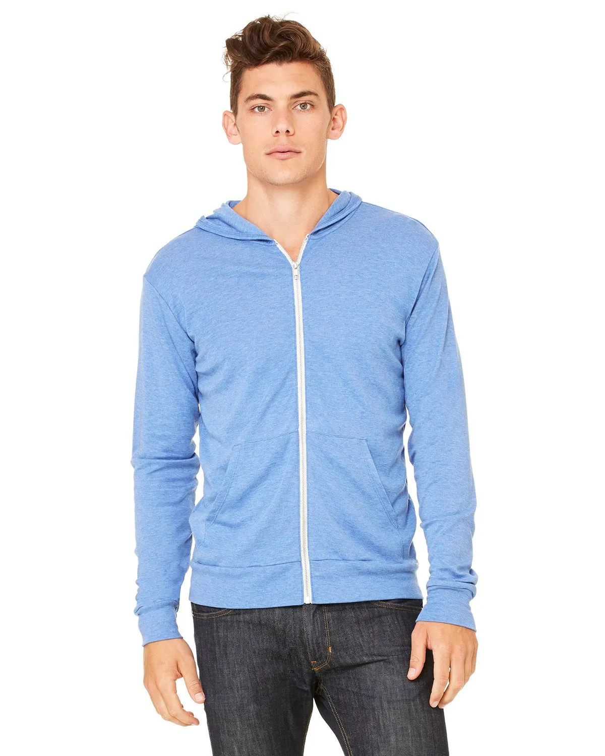 Bella + Canvas Unisex Triblend Full-Zip Lightweight Hoodie 3939 Blue Triblend