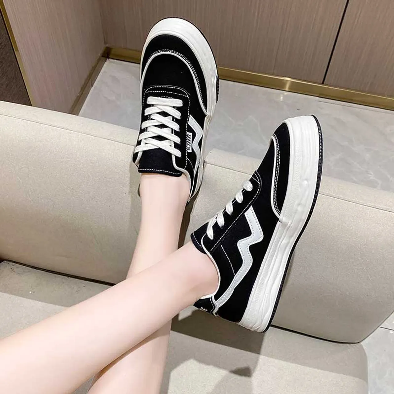 Black canvas stripe logo pattern casual shoe sneaker