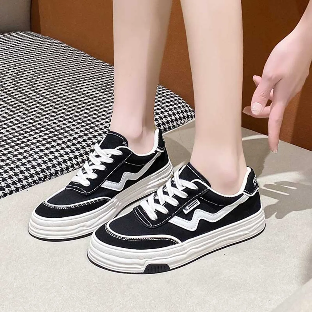 Black canvas stripe logo pattern casual shoe sneaker