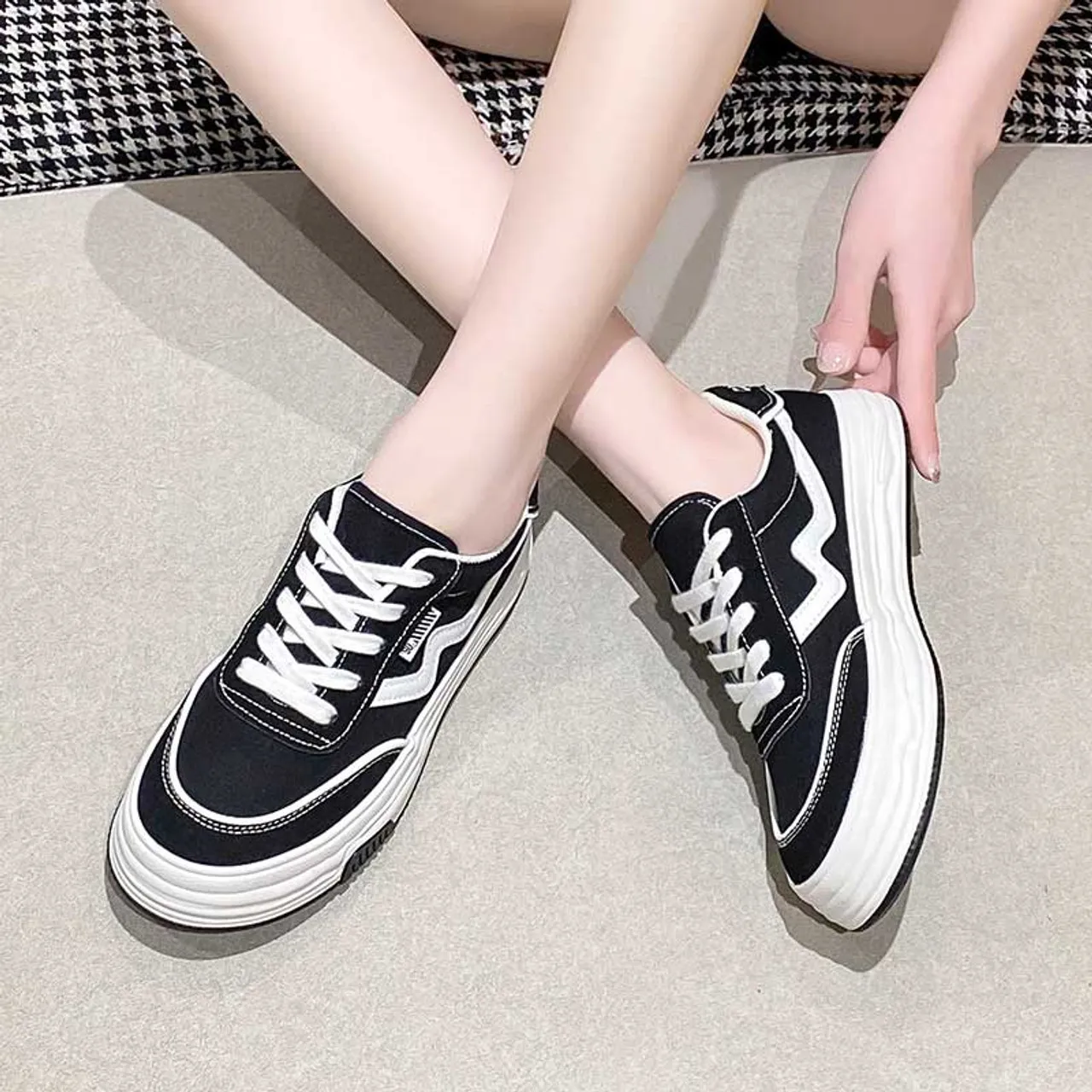 Black canvas stripe logo pattern casual shoe sneaker