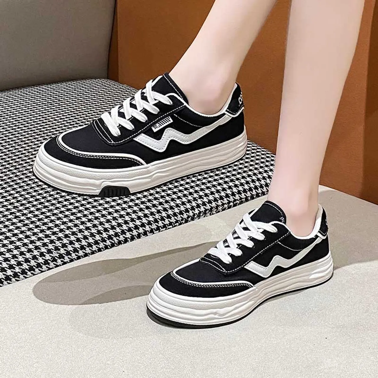 Black canvas stripe logo pattern casual shoe sneaker