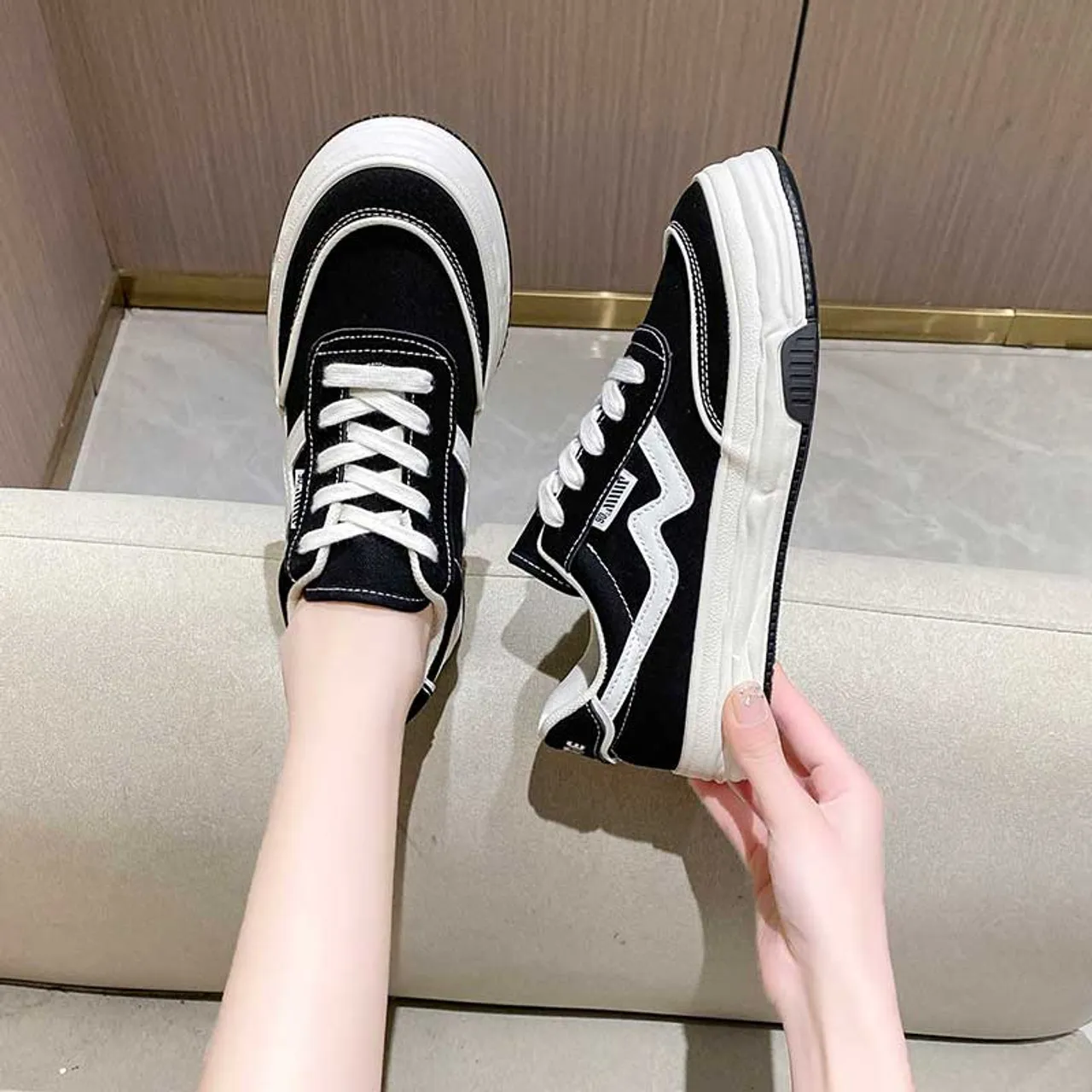 Black canvas stripe logo pattern casual shoe sneaker