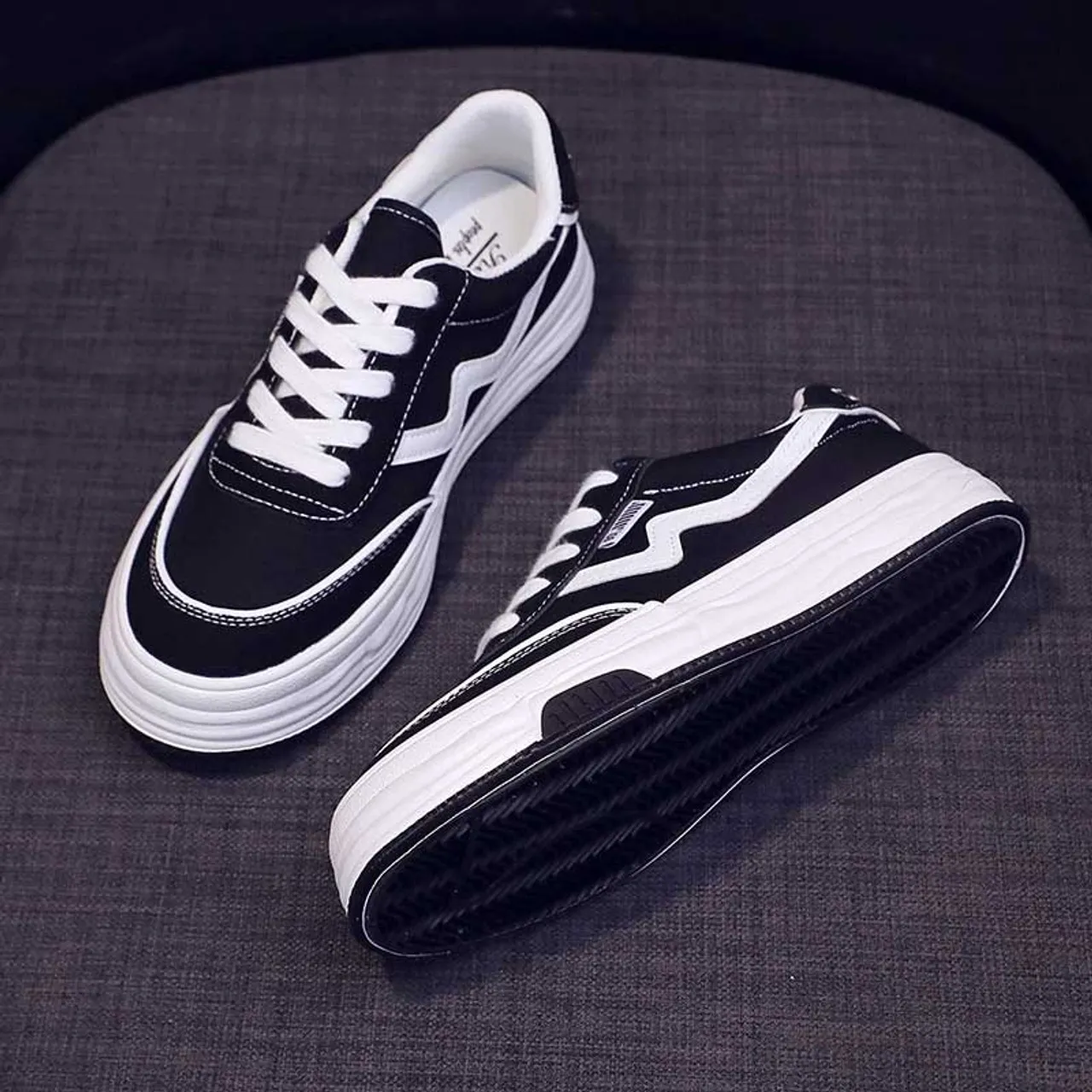 Black canvas stripe logo pattern casual shoe sneaker