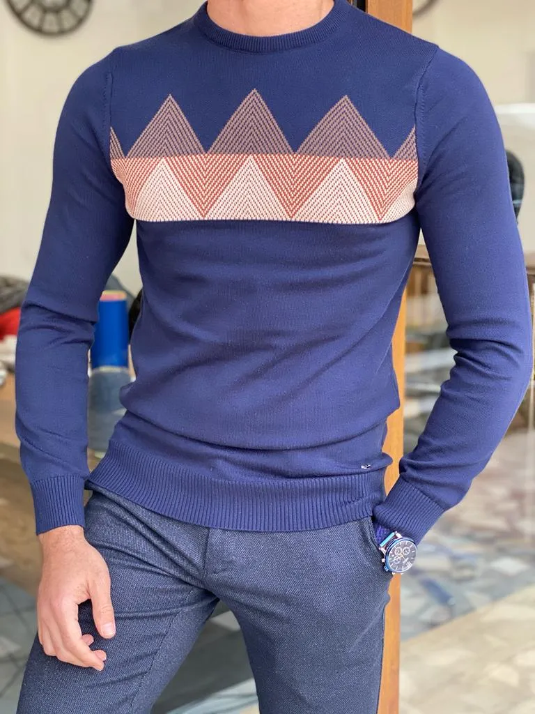 Bojoni Turino Blue Slim Fit Crewneck Sweater