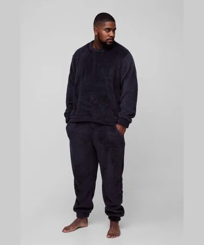 boohooMAN Mens Plus Fluffy Sweater & Sweatpants Lounge Set in Black