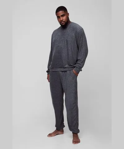 boohooMAN Mens Plus Soft Towelling Sweater & Sweatpants Lounge Set in Charcoal