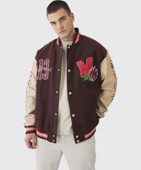 boohooMAN Mens Tall Varsity Applique PU Sleeve Bomber Jacket