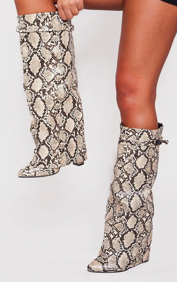 Boots | Snake Print PU Fold Over Knee Block Heeled Boots | PrettyLittleThing