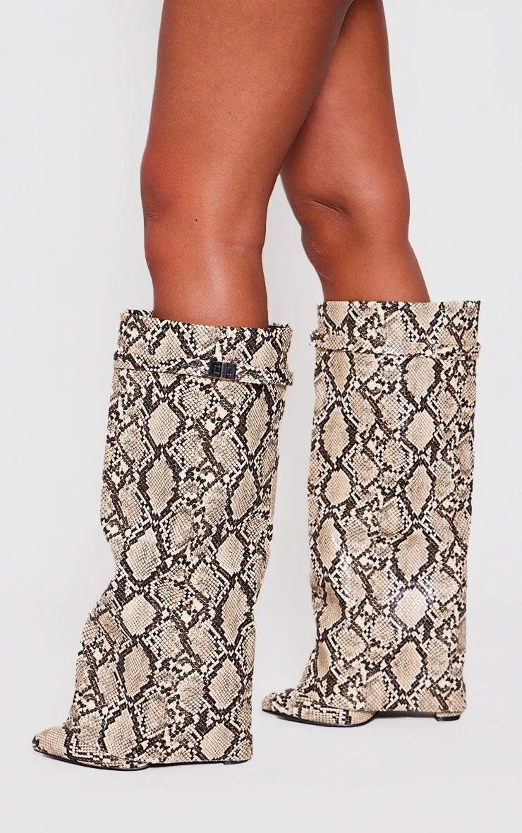 Boots | Snake Print PU Fold Over Knee Block Heeled Boots | PrettyLittleThing