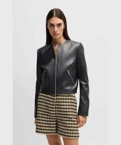 Boss Collarless leather jacket with zip closure