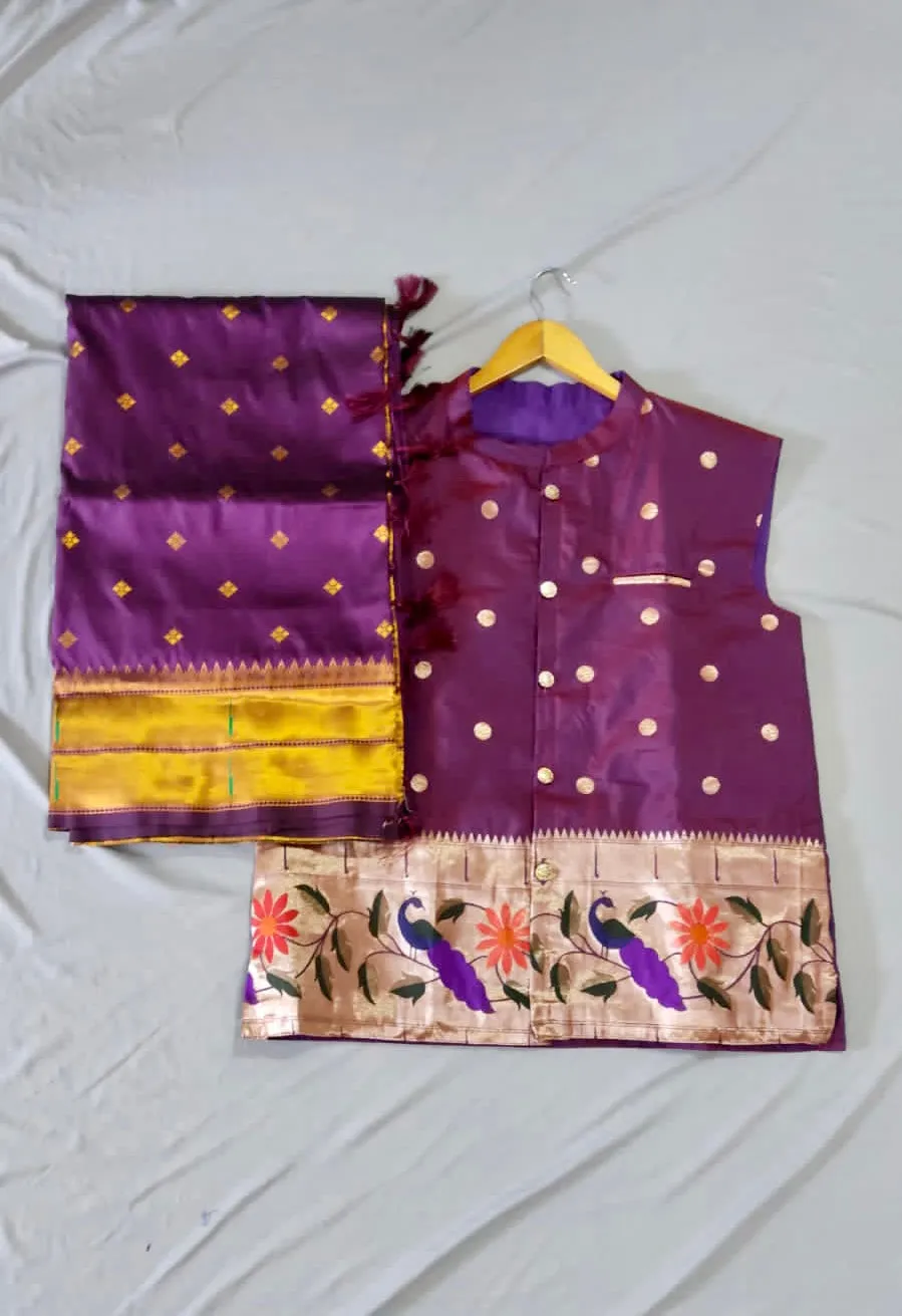 Couple twinning Men’s premium paithani jacket and munia border premium paithani  saree - color wine