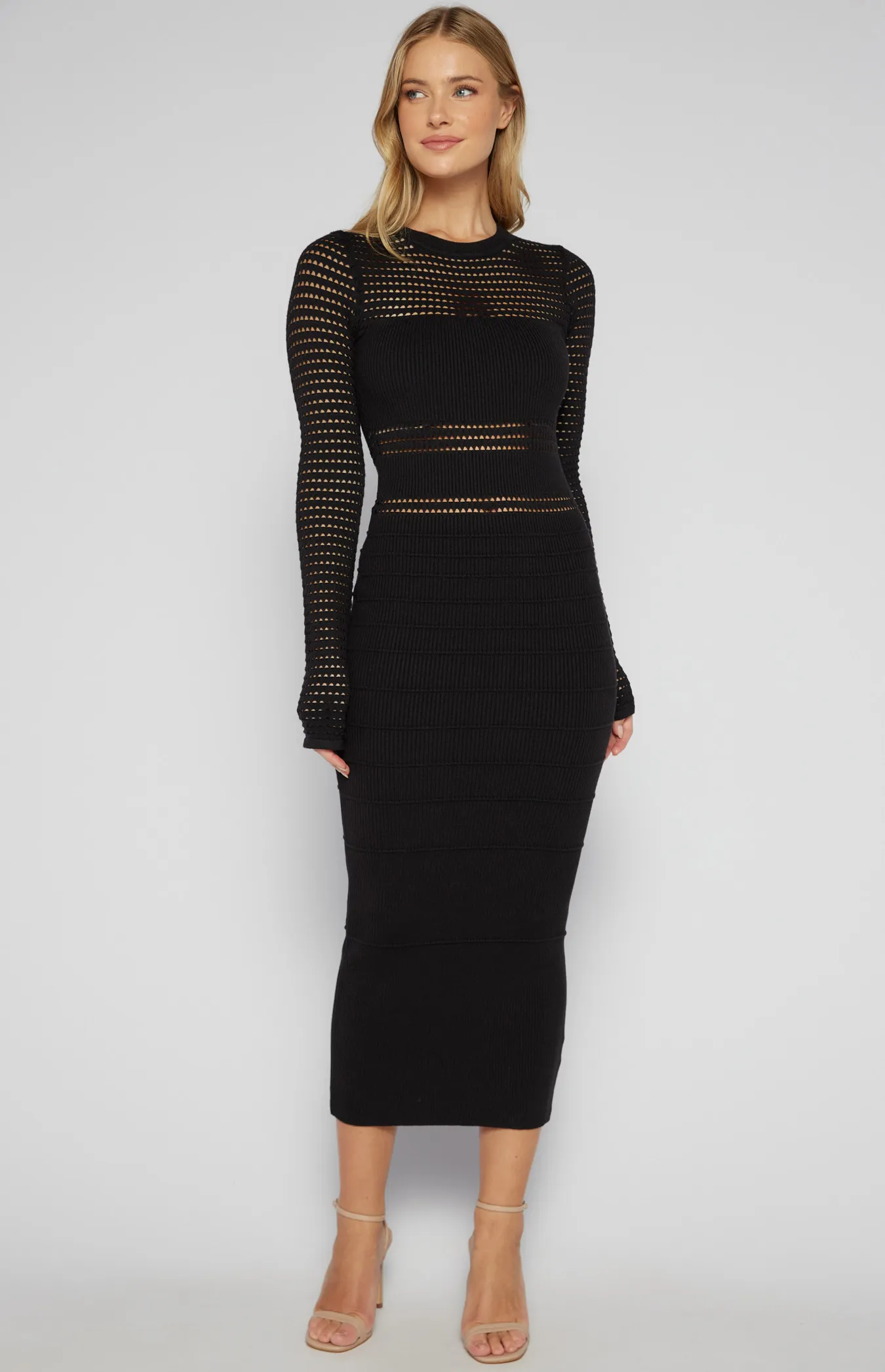 Crochet Contrast Panel Knit Midi Dress (SKN726)