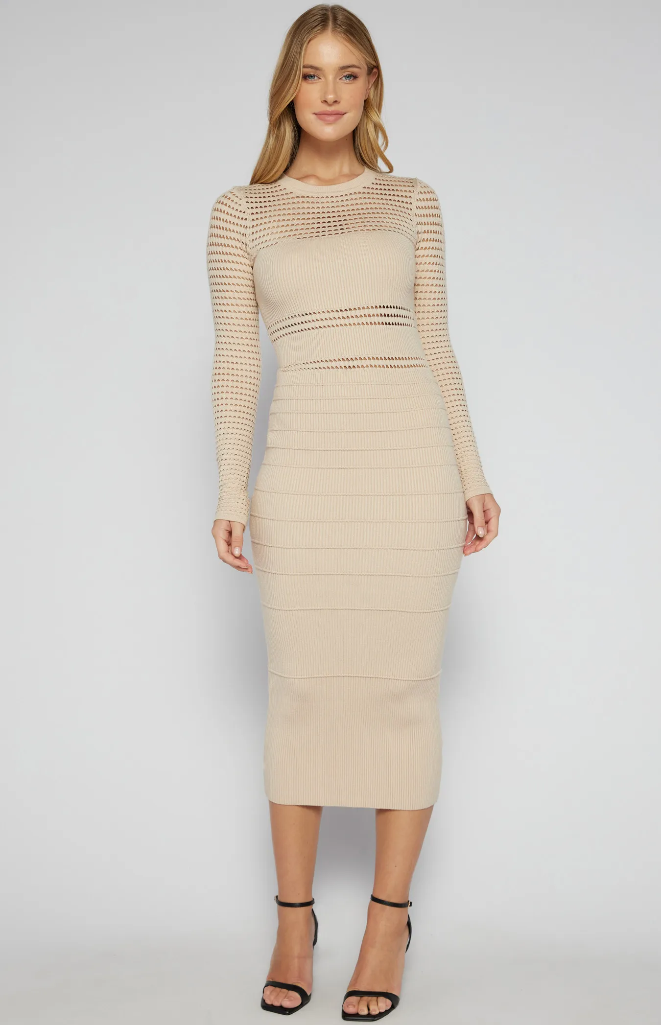 Crochet Contrast Panel Knit Midi Dress (SKN726)