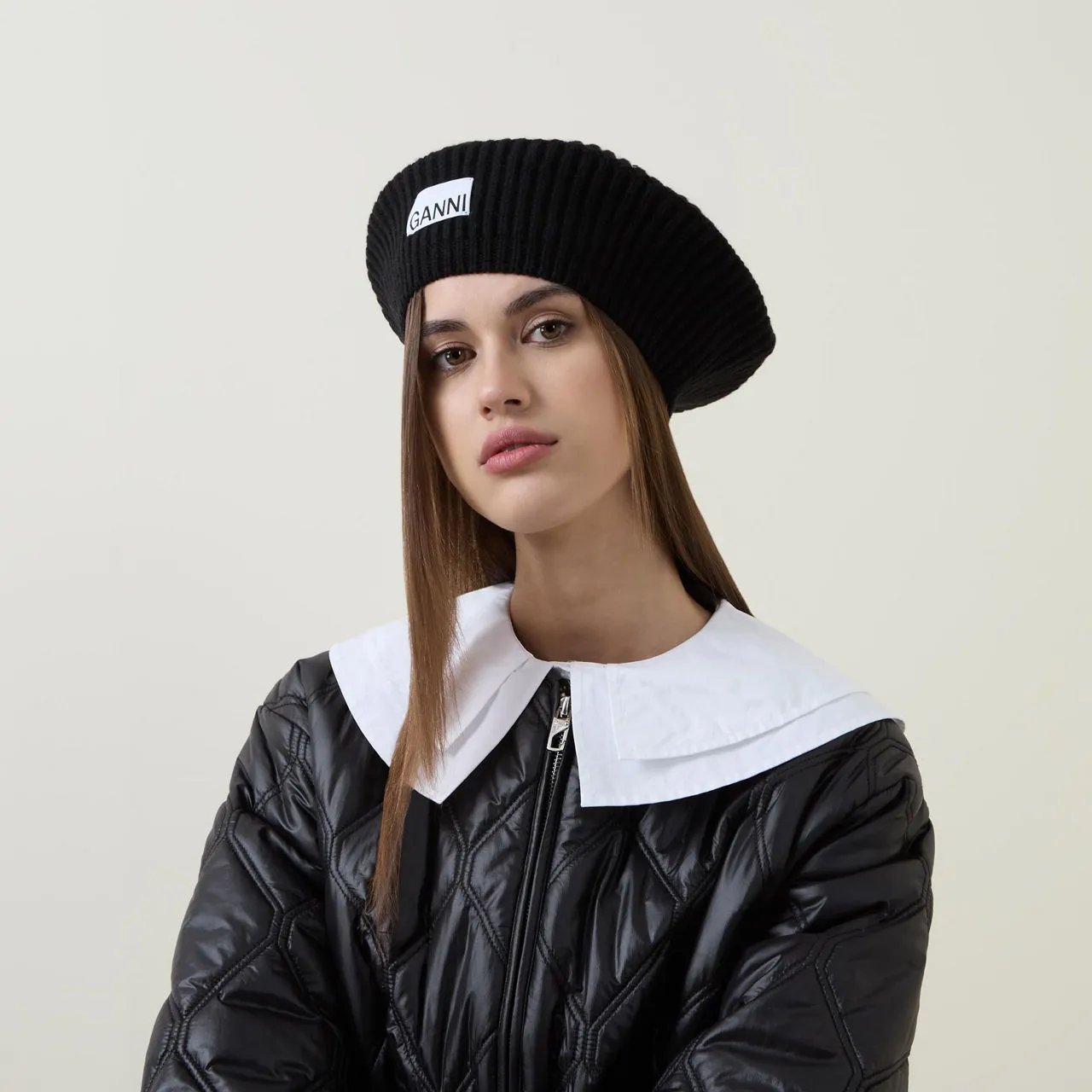 GANNI The Sustainable Edit Logo Beret Hat - Black