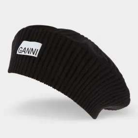 GANNI The Sustainable Edit Logo Beret Hat - Black