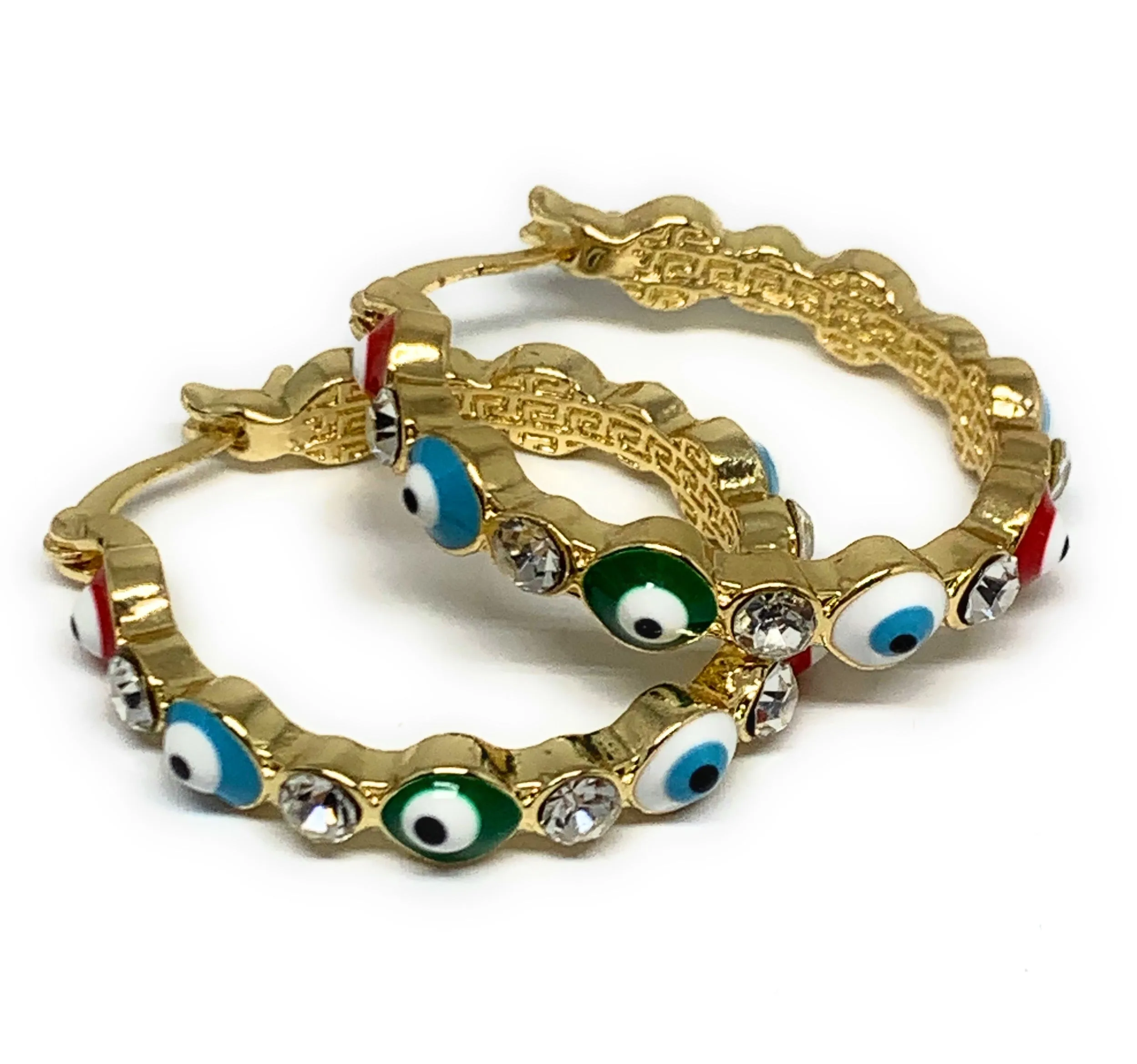 Gold Plated Evil Eye MULTI-COLOR Hoop Earrings Aretes Arracadas (1.25 INCH)