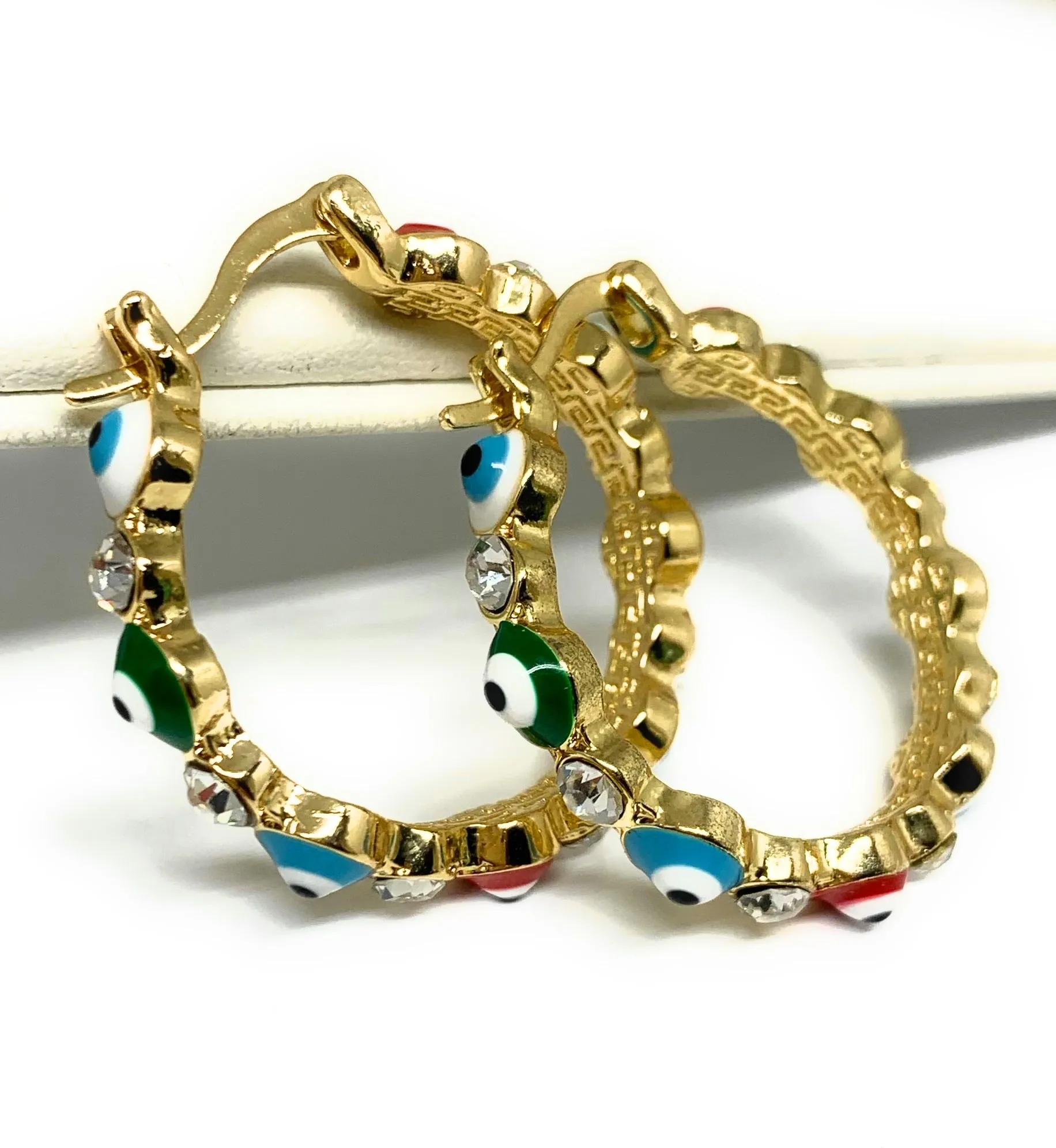 Gold Plated Evil Eye MULTI-COLOR Hoop Earrings Aretes Arracadas (1.25 INCH)