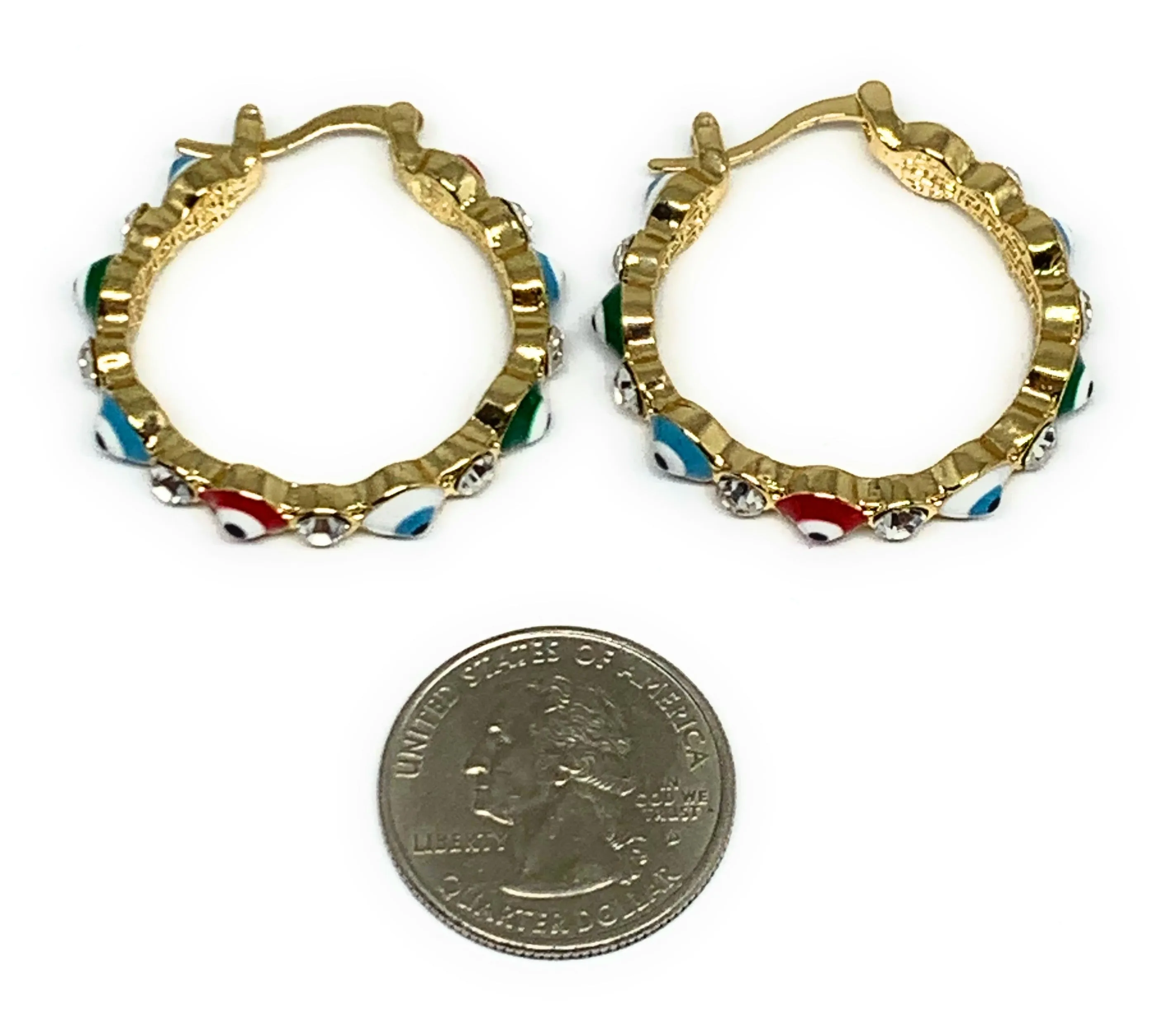 Gold Plated Evil Eye MULTI-COLOR Hoop Earrings Aretes Arracadas (1.25 INCH)