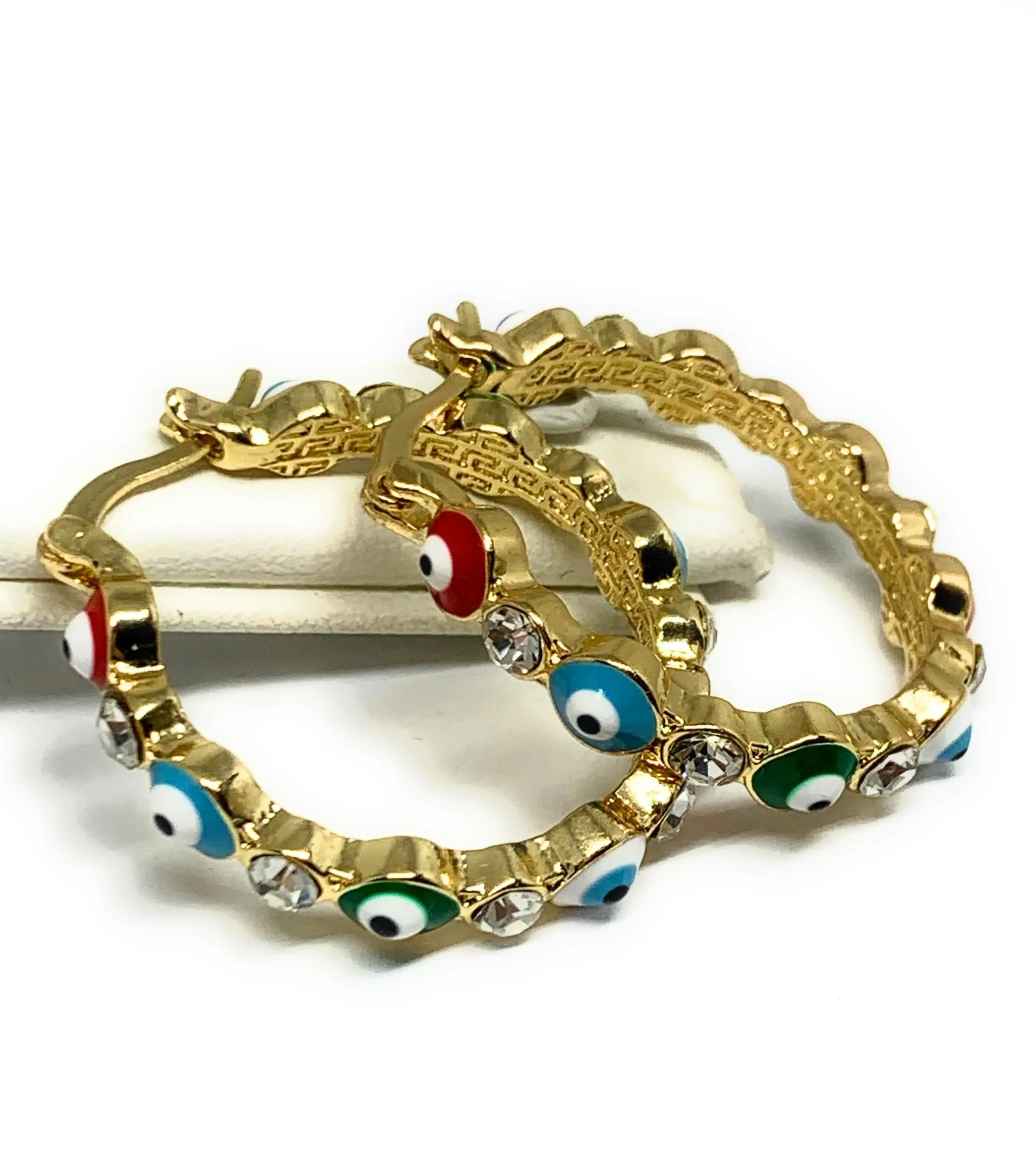 Gold Plated Evil Eye MULTI-COLOR Hoop Earrings Aretes Arracadas (1.25 INCH)