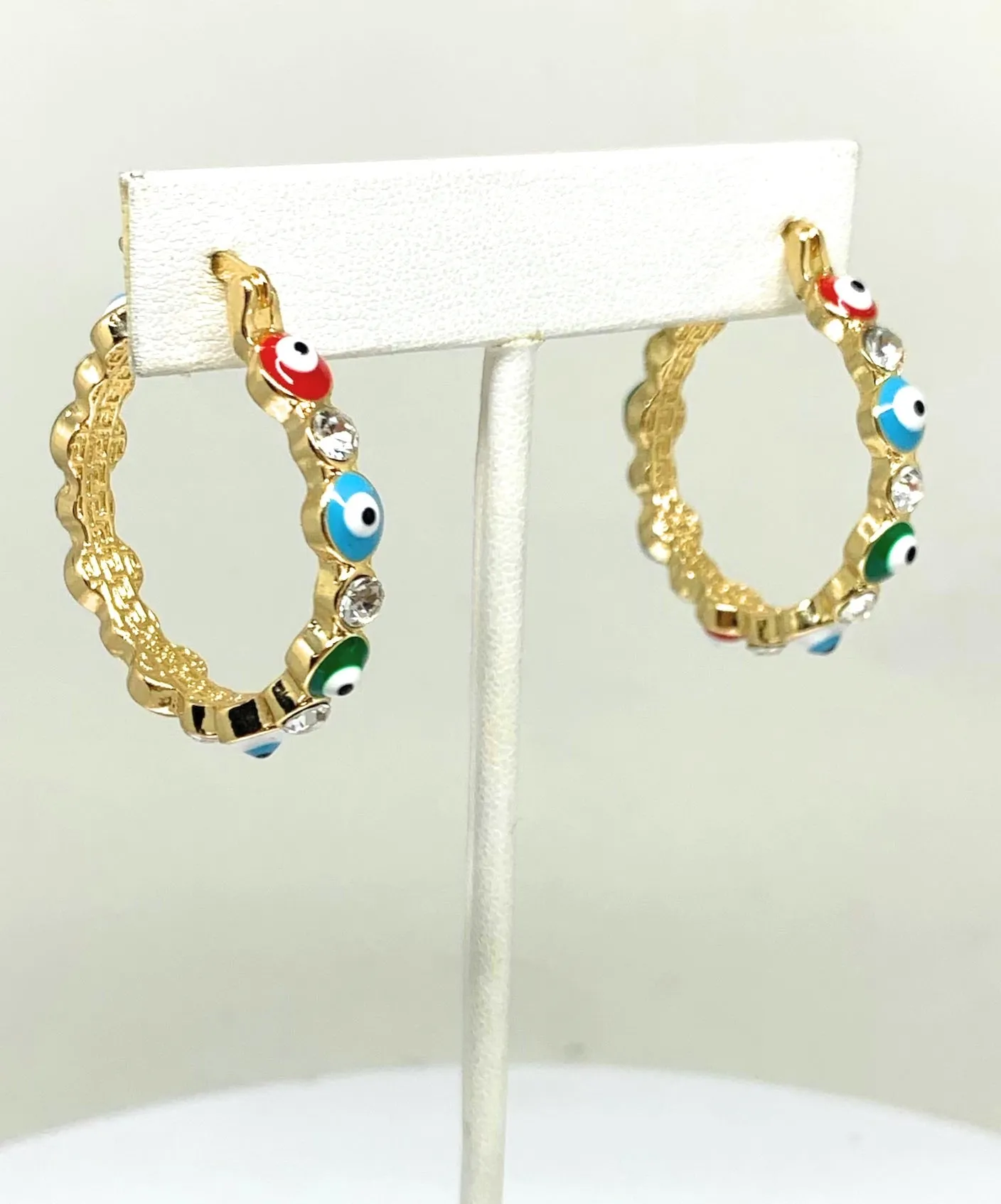 Gold Plated Evil Eye MULTI-COLOR Hoop Earrings Aretes Arracadas (1.25 INCH)