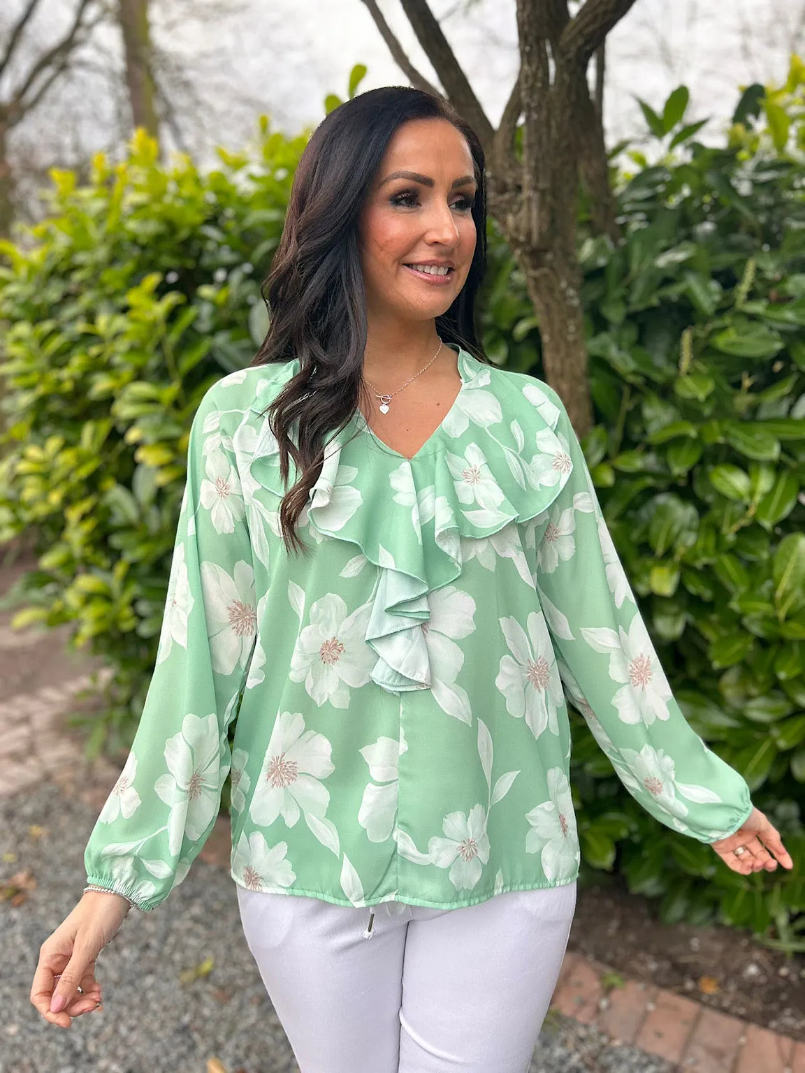 Green Floral Frill Collar Blouse Rylee