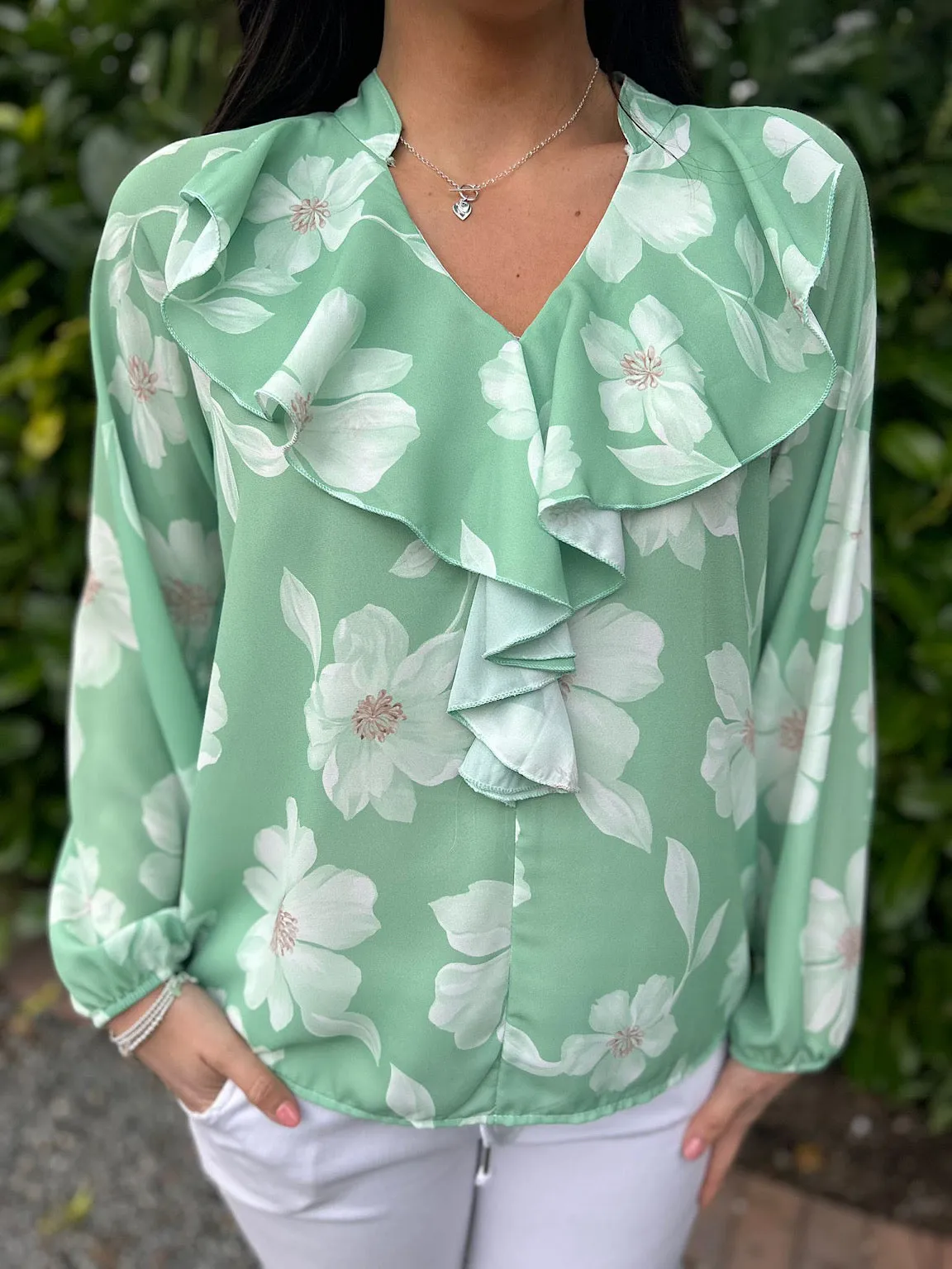 Green Floral Frill Collar Blouse Rylee