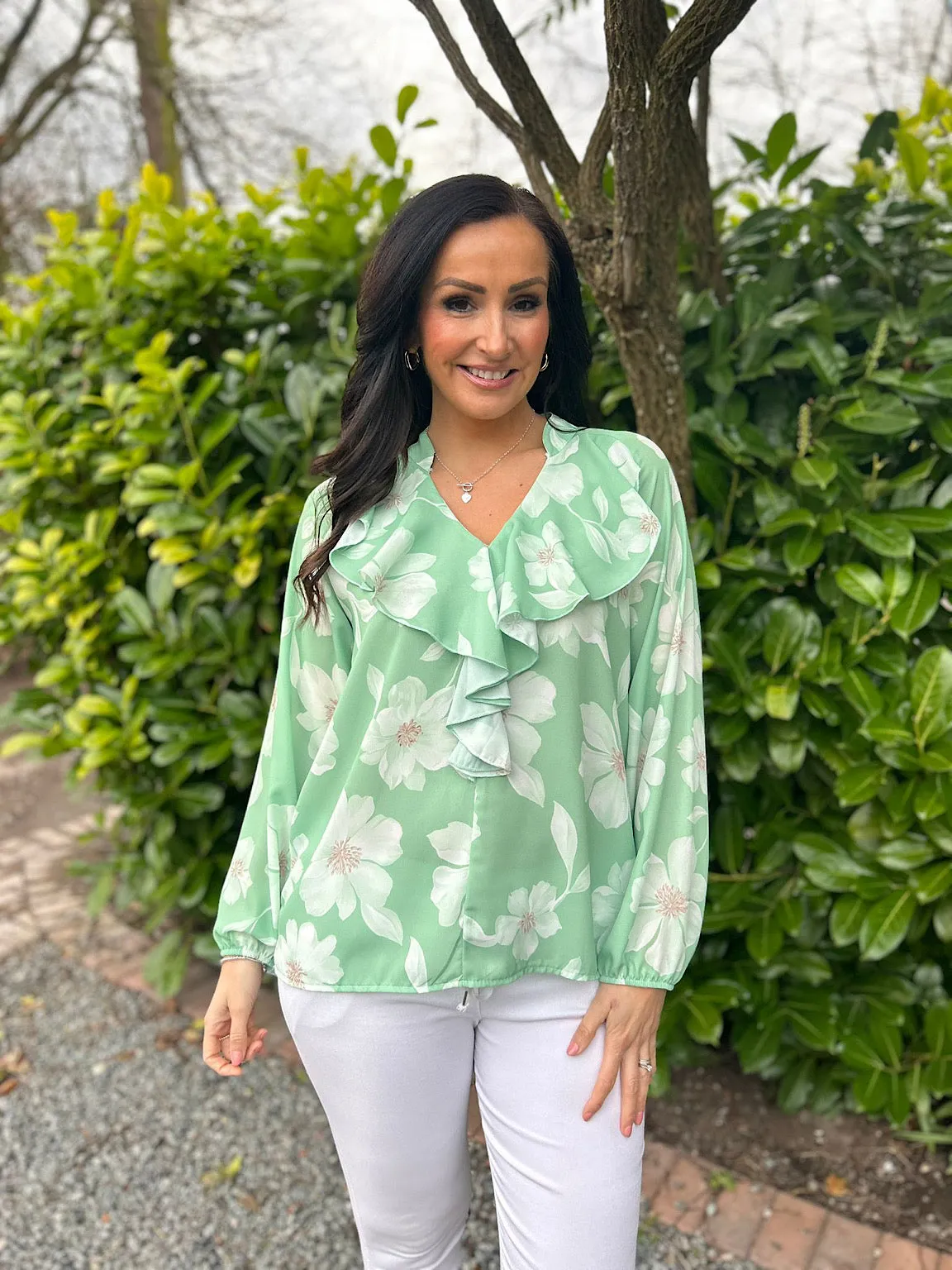 Green Floral Frill Collar Blouse Rylee