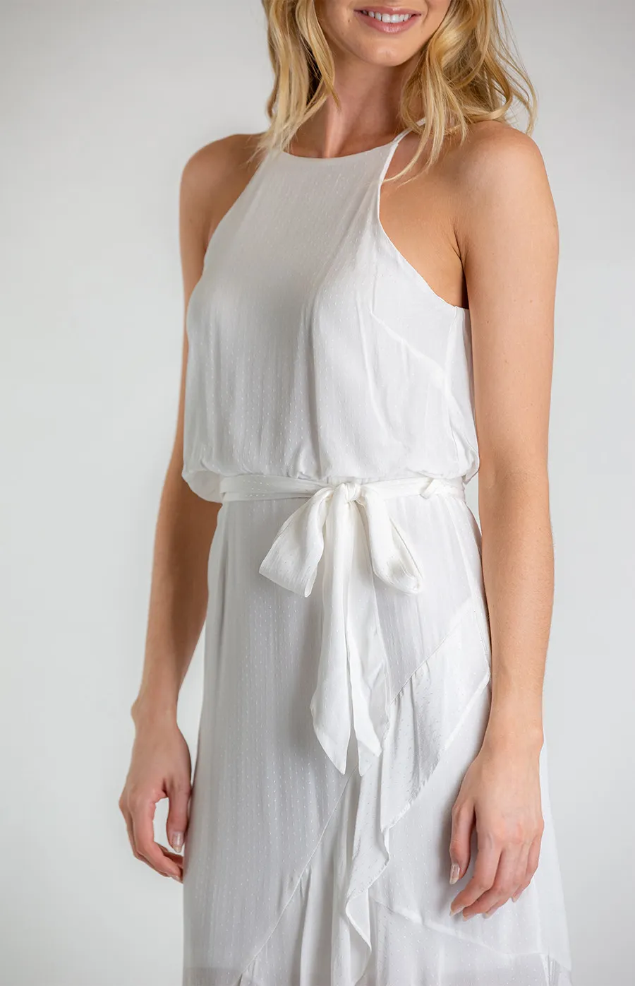 Halter Dress With Asymmetrical Frill Hem (SDR610A)