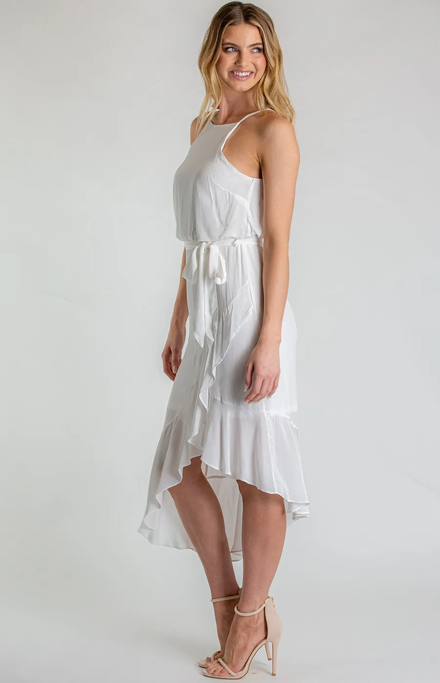 Halter Dress With Asymmetrical Frill Hem (SDR610A)