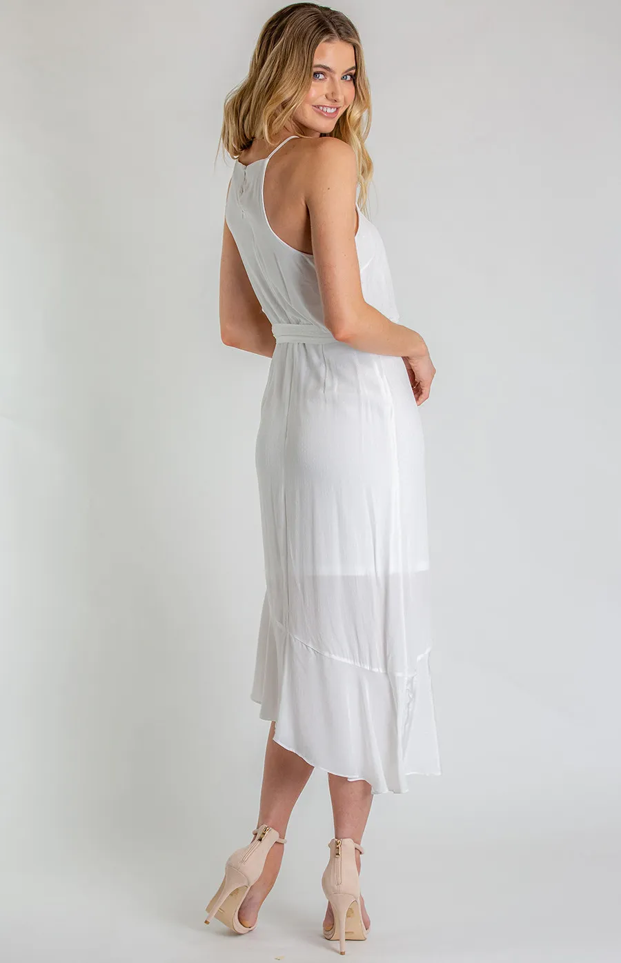 Halter Dress With Asymmetrical Frill Hem (SDR610A)