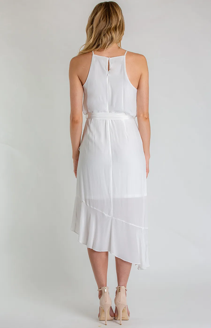 Halter Dress With Asymmetrical Frill Hem (SDR610A)