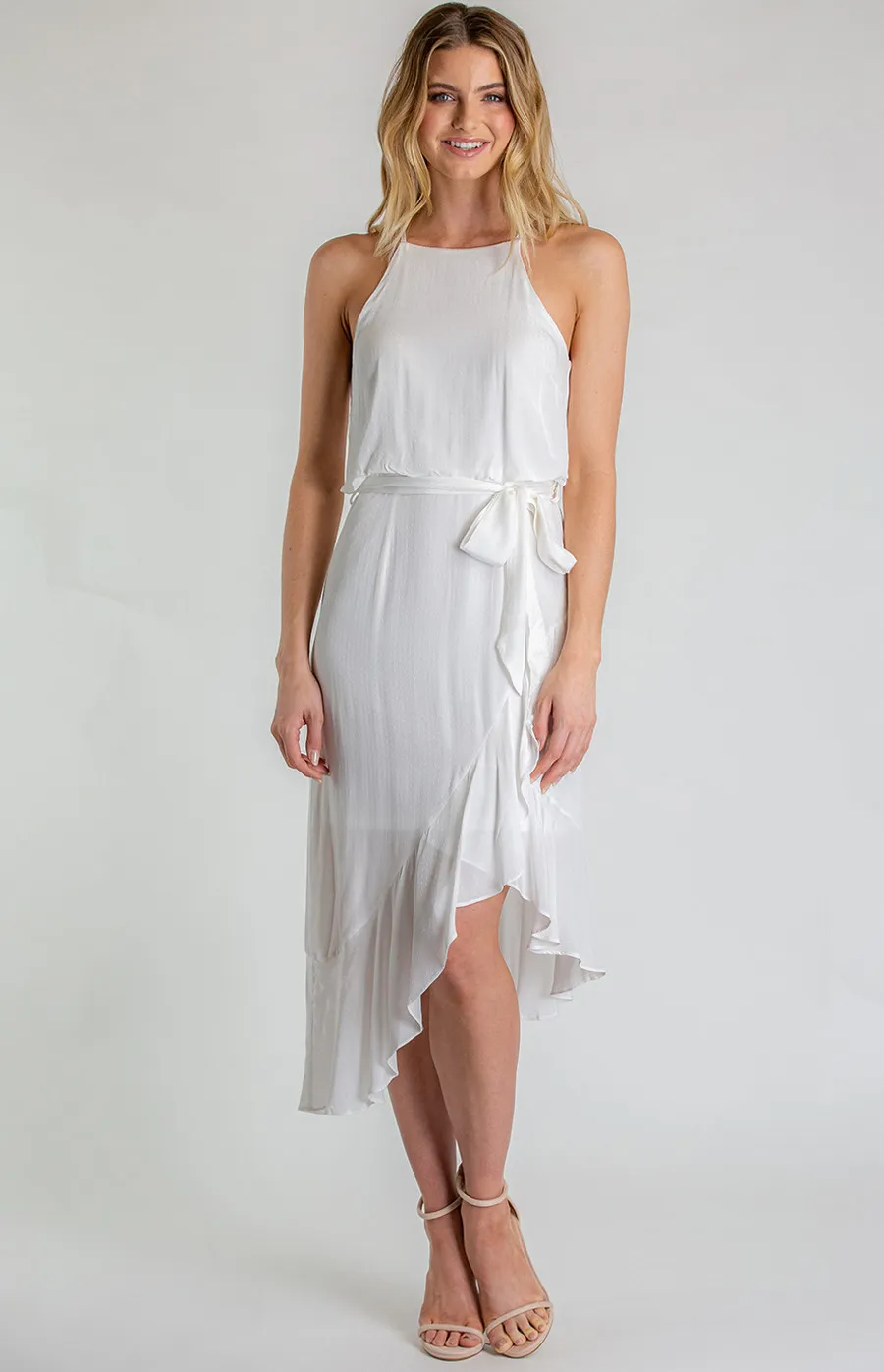 Halter Dress With Asymmetrical Frill Hem (SDR610A)