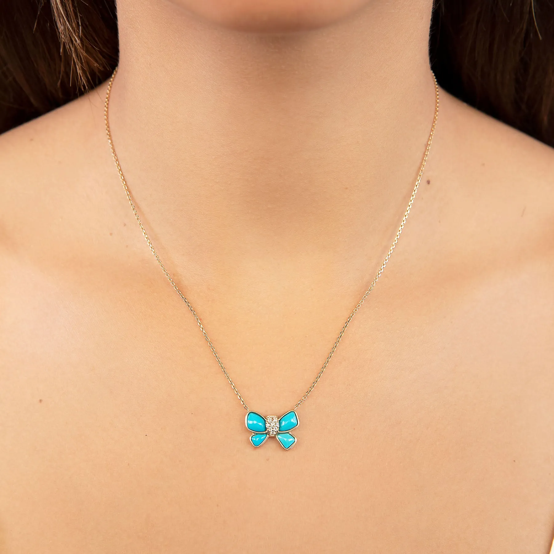 Hand Carved Bow Necklace - White Diamond and Turquoise / 14k Yellow Gold