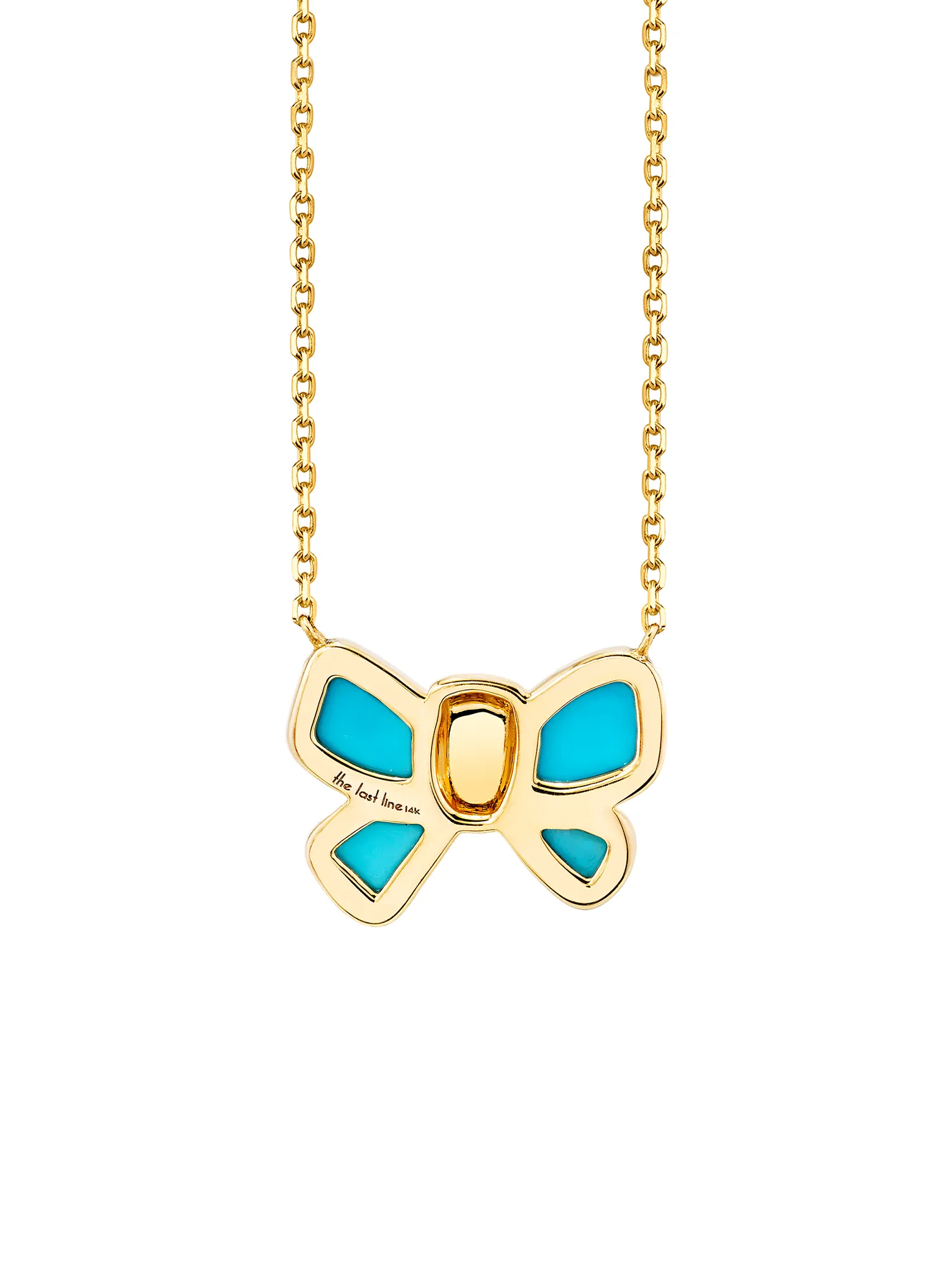 Hand Carved Bow Necklace - White Diamond and Turquoise / 14k Yellow Gold