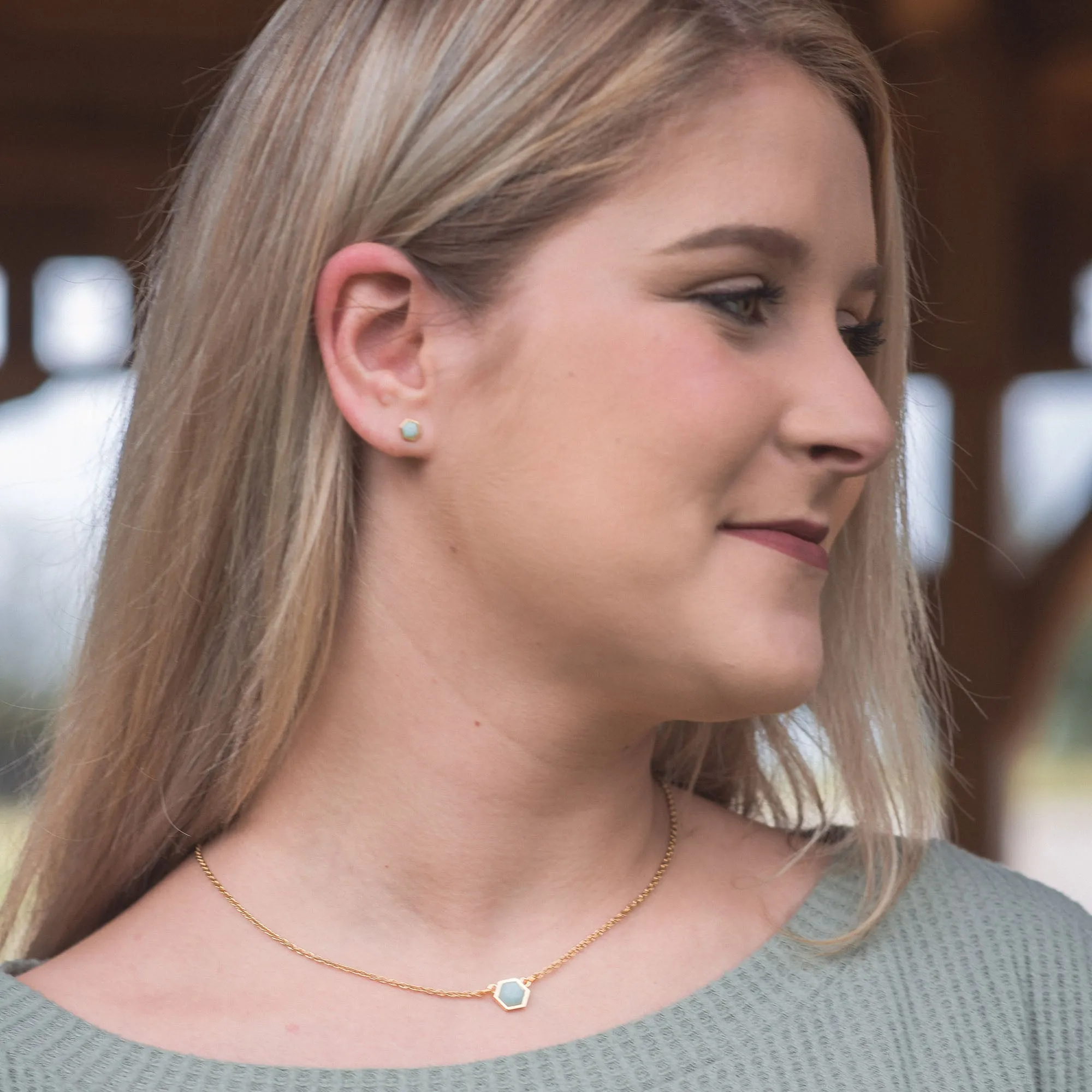 Hexagon Stud Earrings in Amazonite