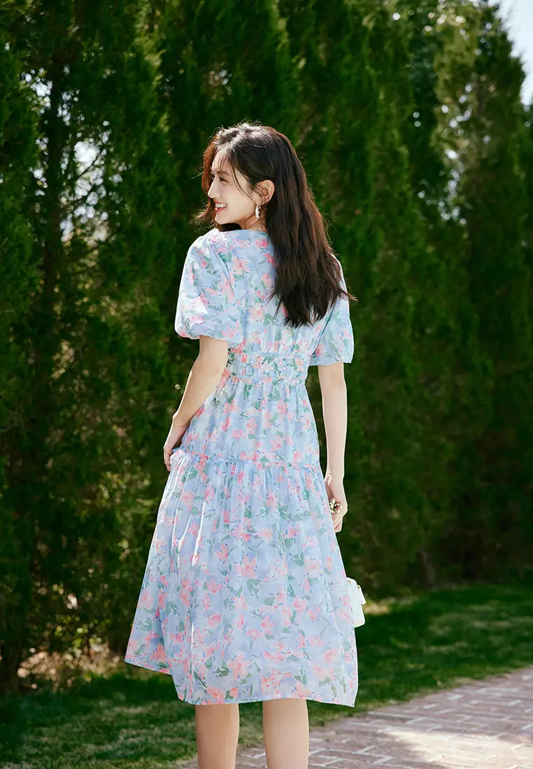Hopeshow Puff Sleeve Smock-Wasit Floral Midi Dress